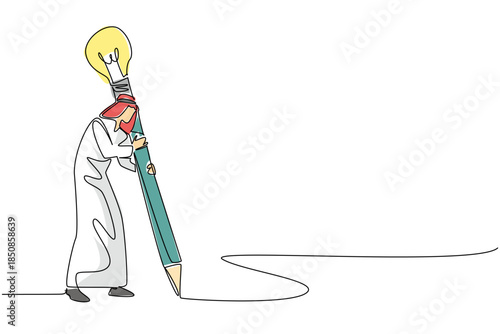 Single continuous line drawing Arab man writes using big pencil with lightbulb at the end. The best ideas neatly copied through writing. National Creativity Day. One line design vector illustration
