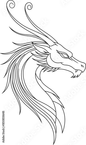 Stylized dragon head art in outline, side view. Mythical beast with flowing mane for tattoo, logo, decoration. Vector illustration