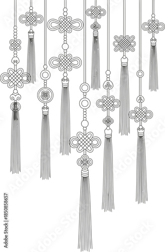 Chinese knot tassel collection, traditional Asian culture ornament, prosperity good luck charm. Vector illustration for decoration, banner, poster, card