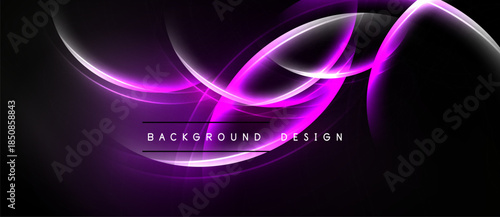Abstract purple waves, glowing lines create dynamic background. Text reads background design. Dark shades dominate composition.