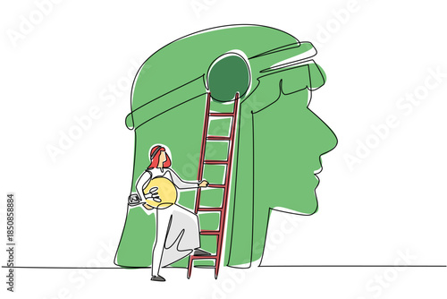 Single one line drawing Arab man carry lightbulb want to climb ladder attached to big head silhouette. Sharpen creative power. National Creativity Day. Continuous line design graphic illustration
