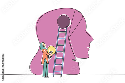 A single line drawing of a woman placing a lightbulb into a large human head, symbolizing ideas and innovation for National Creativity Day in a business and psychology concept.