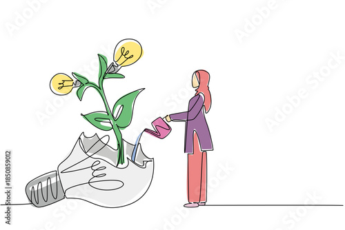 Single continuous line drawing Arab woman waters plant with lightbulb fruit growing from inside broken lightbulb. The wisdom of failure. National Creativity Day. One line design vector illustration