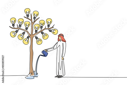 Continuous one line drawing Arab businessman waters a big tree bearing light bulbs with watering can. Good effort. Best result. National Creativity Day. Single line draw design vector illustration