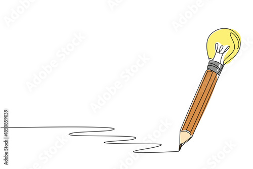 Single continuous line drawing a pencil with a bulb lamp tip. Write a creation to add creativity. Trying to sharpen logic. Smart. Genius. National Creativity Day. One line design vector illustration