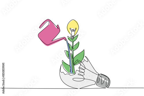Single one line drawing watering plant bearing fruit lightbulb growing from a broken lightbulb. An effort to maintain a mindset. National Creativity Day. Continuous line design graphic illustration