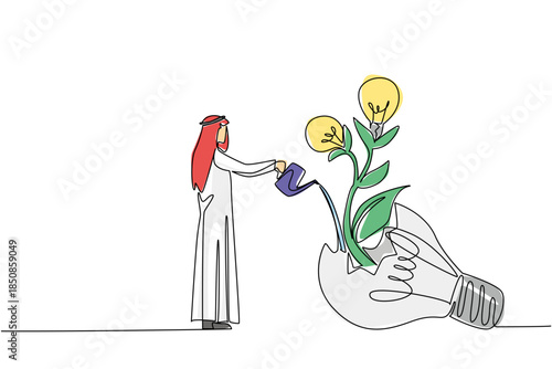 Continuous one line drawing Arab man waters plant with lightbulb fruit growing from inside broken lightbulb. Learn from failure. National Creativity Day. Single line draw design vector illustration