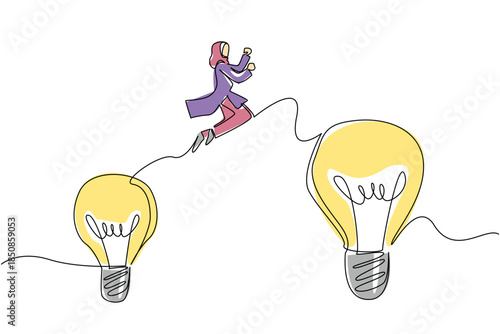 Single one line drawing Arab woman jumps from a small lightbulb to a large light bulb. A belief to move on to something better. National Creativity Day. Continuous line design graphic illustration