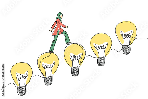 Single continuous line drawing Arab woman walks on lightbulb resemble stairs. Walk up the level with confidence. Getting past the deadlock. National Creativity Day. One line design vector illustration