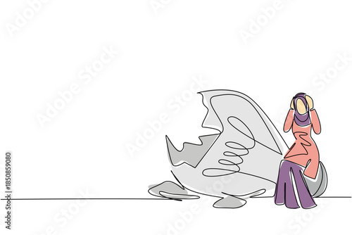 Single continuous line drawing Arab businesswoman sits on broken lightbulb with both hands holds head. Regret failure. Deep wound. Lament. National Creativity Day. One line design vector illustration