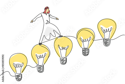 Continuous one line drawing Arabian man walks on lightbulbs resemble stairs. Slowly but surely. Innovation takes to higher places. National Creativity Day. Single line draw design vector illustration