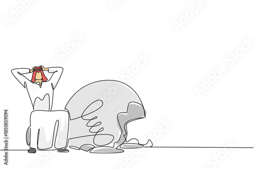 Continuous one line drawing Arabian businessman sits on broken lightbulb with both hands holds head. Such deep regret. Failure. National Creativity Day. Single line draw design vector illustration
