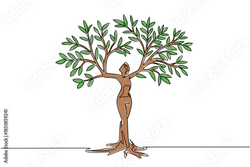 Single one line drawing a tree with thick leaves, the trunk part resembles woman raising both hands. The woman who loves taking care of plant. Tree Concept. Continuous line design graphic illustration