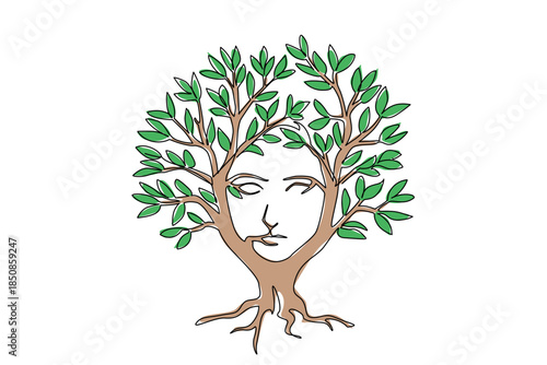 Continuous one line drawing a broadleaf tree with the middle of the trunk forming the silhouette of a face. Natural artificial intelligence. Tree Concept. Single line draw design vector illustration