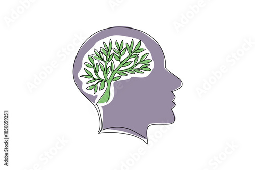 Single continuous line drawing a tree with its trunk and leaves forms a brain inside the head. Developing environmentally friendly crops. Symbolism. Tree Concept. One line design vector illustration