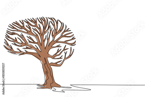 one line drawing of a dry tree shaped like a brain, blending environment and wellness in a nature concept for World Mental Health Day, symbolizing lack of growth, balance, and mindless living.
