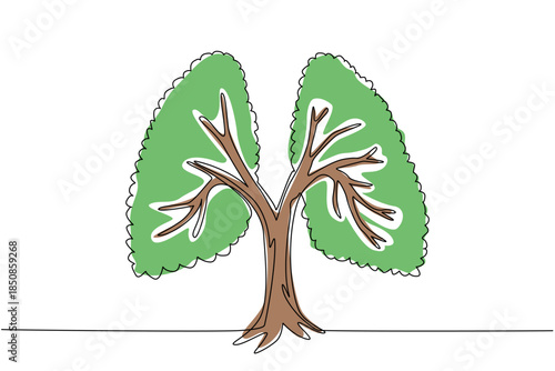 Continuous one line drawing large trunked trees have branches with leaves that form lungs. A dense plant that is good for the lungs. Ecology. Tree Concept. Single line draw design vector illustration