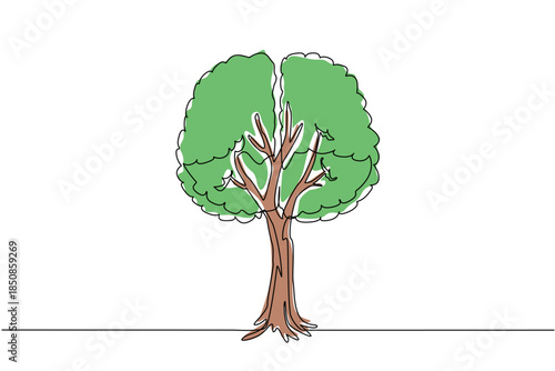 Continuous one line drawing tree with branches and leaves forming a brain top view. Imagination and peace of mind. Clarity of air. Symbol. Tree Concept. Single line draw design vector illustration