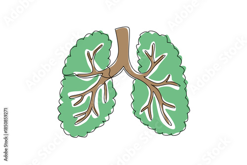 Single continuous line drawing branches with leafy leaves form lungs. Healthy air has good effect on lungs. Breathe clearer with a green environment. Tree Concept. One line design vector illustration