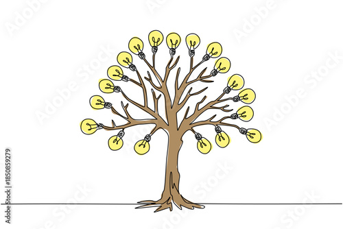 Single continuous line drawing a tree with many branches and fruit that is lightbulbs. Many ideas and creativity originate from clear air. Solution. Tree Concept. One line design vector illustration