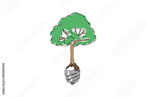 Single continuous line drawing a tree growing on the neck of a light bulb. Green energy is energy that does not damage nature. Eco friendly. Ecology. Tree Concept. One line design vector illustration