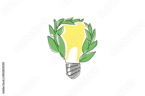 Single one line drawing leafy branches surrounding a light bulb glass. Electrical energy from plants. Using environmentally friendly energy. Tree Concept. Continuous line design graphic illustration