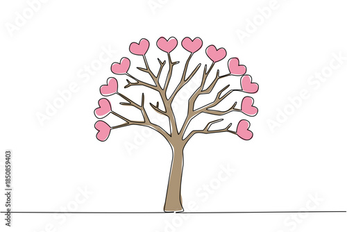 Single one line drawing tree with many branches and fruit heart symbol. Symbol of affection for plant lovers. Plant and care for it with love. Tree Concept. Continuous line design graphic illustration