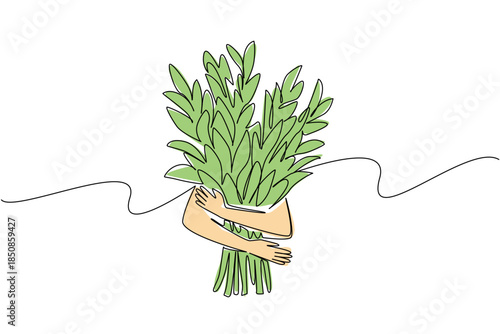 Continuous one line drawing two hands hugging the leafy tree trunks. Symbolism of humans protecting plants with all their hearts. Protector. Tree Concept. Single line draw design vector illustration