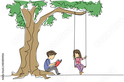 Single one line drawing boy sits reading a book while the girl plays on swing under a big tree. Joy in the park near the shady tree. Activity. Tree Concept. Continuous line design graphic illustration