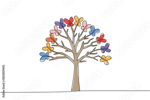 Continuous one line drawing tree with many branches and butterfly fruit. A shady plant that is very friendly to animals. Eco friendly. Garden. Tree Concept. Single line draw design vector illustration