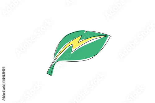 Continuous one line drawing leaf with the electricity logo in the middle. New and renewable energy. Green energy is environmentally friendly. Tree Concept. Single line draw design vector illustration