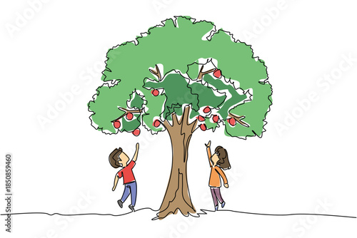Continuous one line drawing boy and girl jump to reach the fruit on the big tree. Shady trees, time to harvest fruit. Scramble to pick fruits. Tree Concept. Single line draw design vector illustration