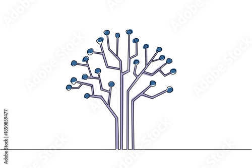 Single one line drawing tree with technology concept. Circuits on the motherboard. Very environmentally friendly electricity. Technology. Tree Concept. Continuous line design graphic illustration