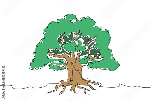 Single continuous line drawing large tree with shady leaves and branched roots. Fertile soil helps trees grow until they are shady. Dense banyan tree. Tree Concept. One line design vector illustration