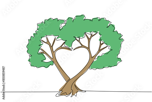Single continuous line drawing leafy tree with the middle of the branches forming love shape. A very shady tree that is cared for with all the heart. Tree Concept. One line design vector illustration