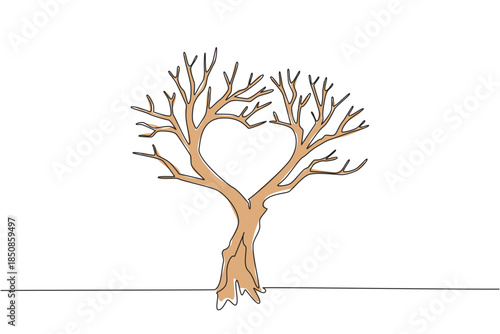Single one line drawing dry tree with many branches with branches forming a love shape. A symbol of a dead tree. Without love. Environmental. Tree Concept. Continuous line design graphic illustration