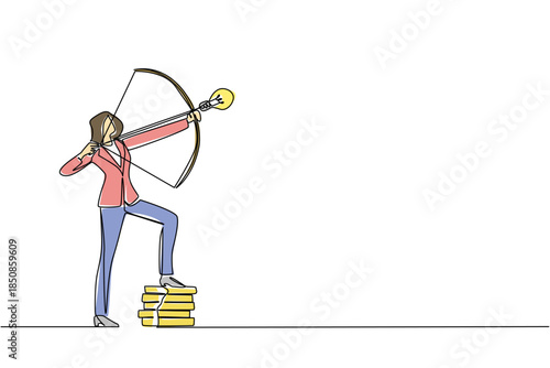 Single one line drawing a businesswoman archery arrow with lightbulb tip, one foot resting on pile of coins. Offering innovation. National Creativity Day. Continuous line design graphic illustration