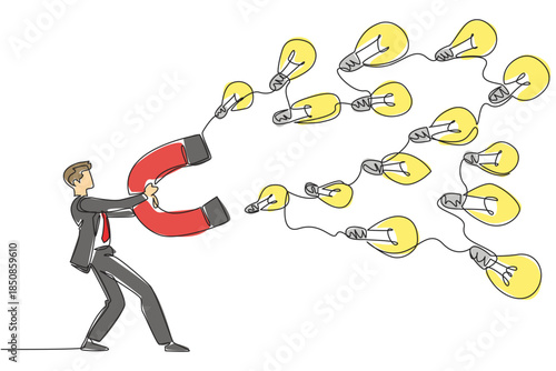 Continuous one line drawing a businessman holds big magnet attracting various sized lightbulbs. Collecting many solutions. Idea. National Creativity Day. Single line draw design vector illustration
