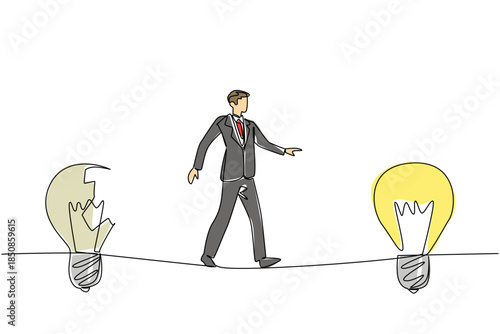 Single continuous line drawing a businessman walks on tightrope from broken lightbulb to a whole lightbulb. Towards improvement. Solution. National Creativity Day. One line design vector illustration