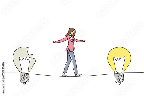 Single one line drawing a businesswoman walks on tightrope from broken lightbulb to a whole lightbulb. Fixing a risky situation. National Creativity Day. Continuous line design graphic illustration