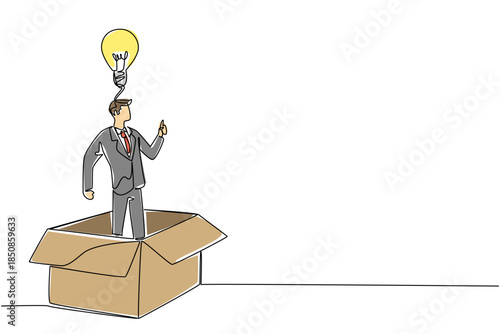 Continuous one line drawing a businessman inside big cardboard box making gesture of gets idea. Get fresh new ideas. Solution. National Creativity Day. Single line draw design vector illustration