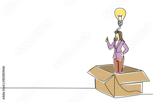 Single continuous line drawing a businesswoman inside big cardboard box making gesture of gets idea. Anywhere solution for problem solvers. National Creativity Day. One line design vector illustration
