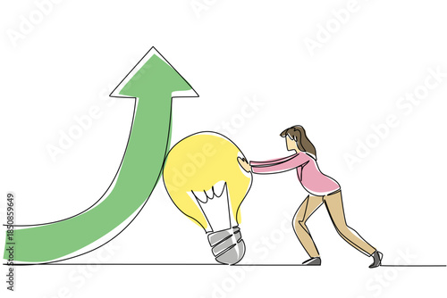 Single continuous line drawing a businesswoman pushes a bulb lamp that holds an arrow so that it turns upwards. Work smart to level up. National Creativity Day. One line design vector illustration