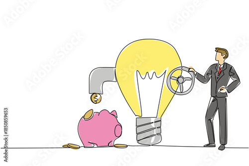 Single one line drawing a businessman turns tap on lightbulb and releases coins and a piggy bank holds them. Turning the deadlock. National Creativity Day. Continuous line design graphic illustration