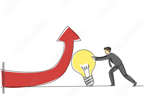 Single continuous line drawing a businessman pushes bulb lamp that holds an arrow so that it turns upwards. Raise the level of creativity. National Creativity Day. One line design vector illustration