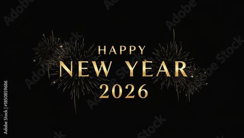 Happy new year 2026 with gold text and fireworks on black background