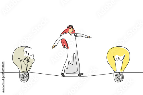 Continuous one line drawing Arab businessman walks on tightrope from broken lightbulb to whole lightbulb. Taking best opportunity. National Creativity Day. Single line draw design vector illustration