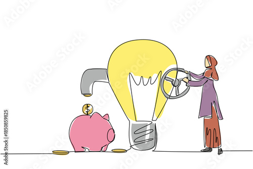 Single continuous line drawing Arab businesswoman turns the tap on lightbulb releases coins and piggy bank holds it. Channel of fortune. National Creativity Day. One line design vector illustration