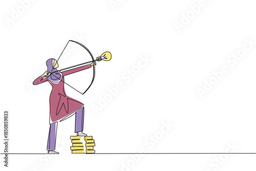 Continuous one line drawing Arab businesswoman archery arrow with lightbulb tip, one foot rest on pile of coins. Focus on profit. National Creativity Day. Single line draw design vector illustration