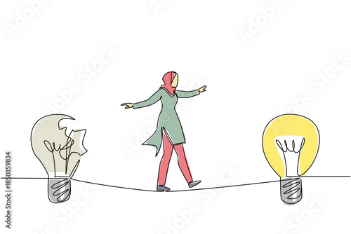 Single one line drawing Arab businesswoman walks on tightrope from broken lightbulb to whole lightbulb. Risk produces success. National Creativity Day. Continuous line design graphic illustration